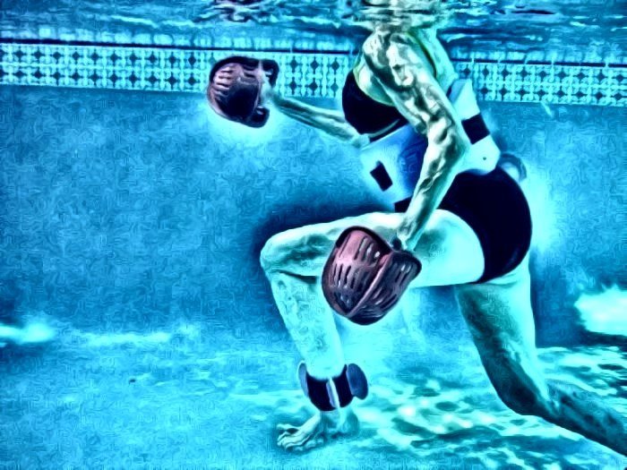 Client moving underwater with aquatic resistance equipment