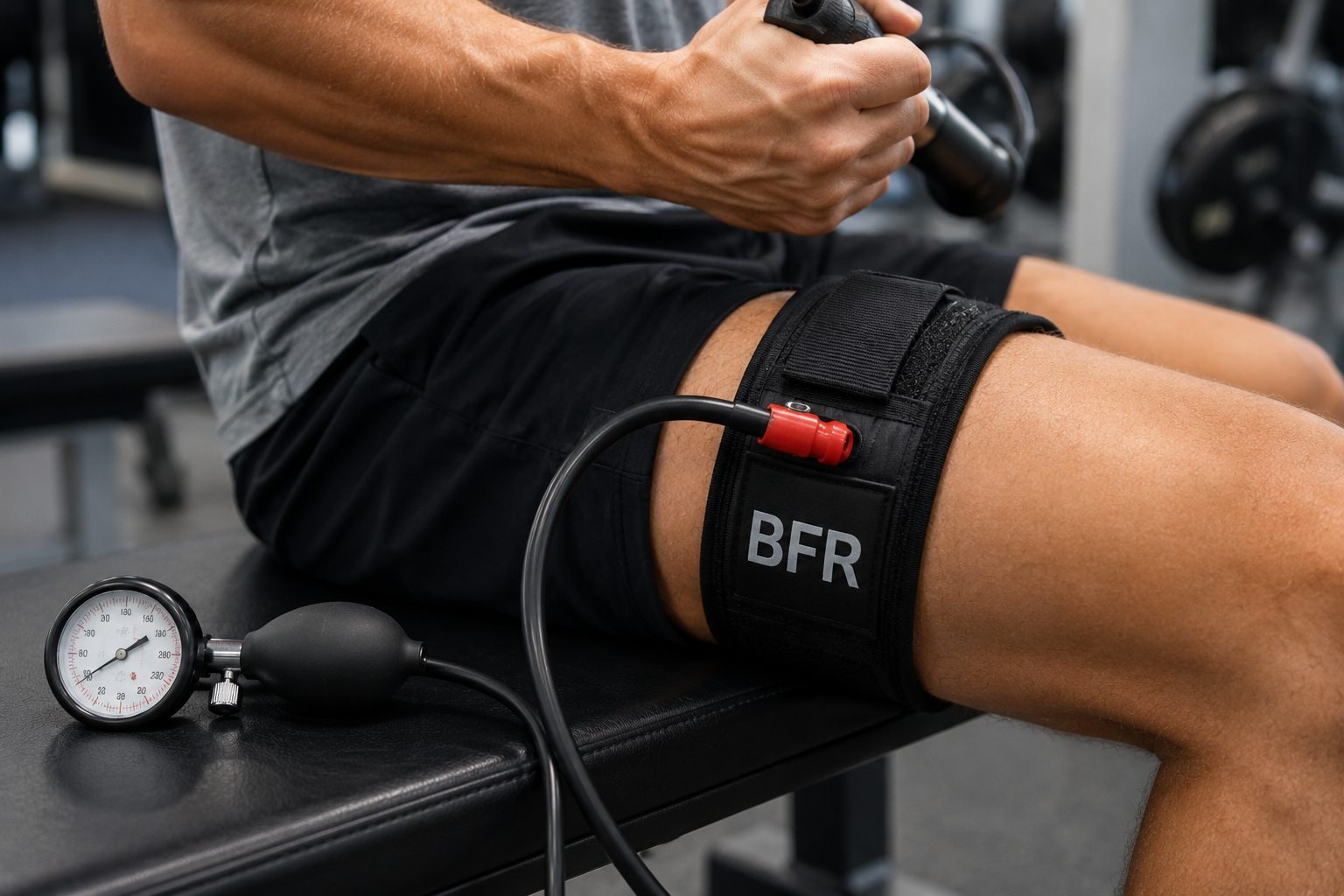 Blood flow restriction cuff placed on the upper thigh during seated exercise.