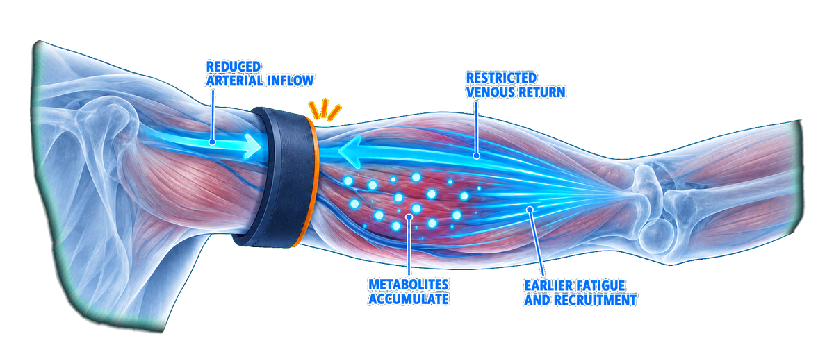 Blood flow restriction mechanism in a human arm: a cuff around the upper arm reduces arterial inflow and restricts venous return, metabolites accumulate in the muscle belly, and fatigue and motor-unit recruitment arrive earlier.