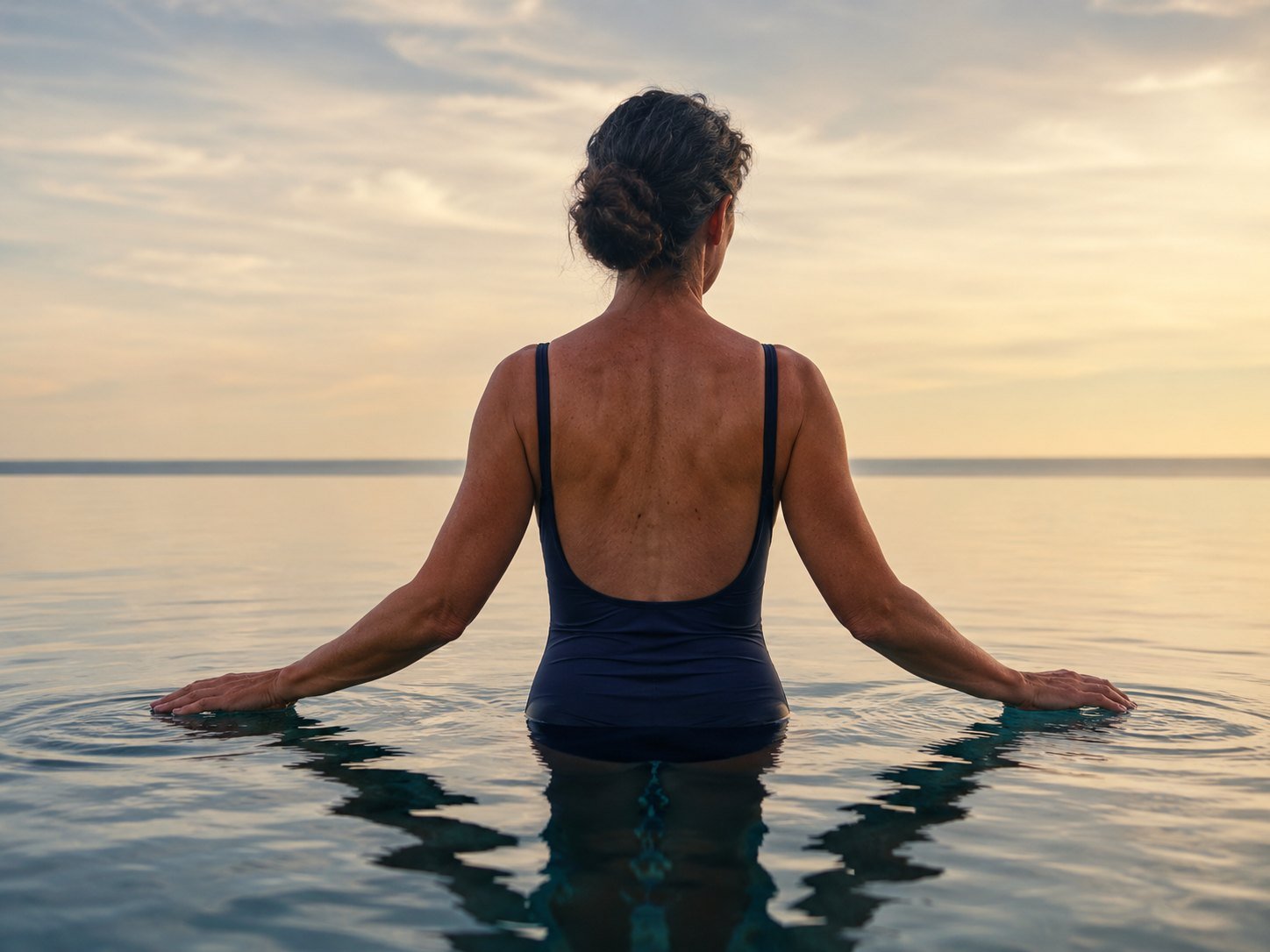 A woman standing in open water, seen from behind, the surface at her lower waist, arms gently bent and her hands grazing the water in warm morning light.