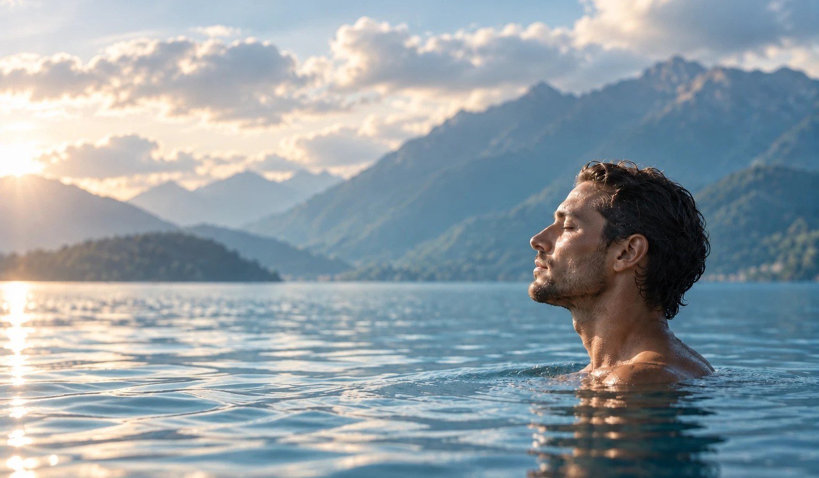 A man floating at shoulder depth in a calm mountain lake at sunrise, eyes closed, face tilted toward the light, soft-focus clouds and mountains in the distance.