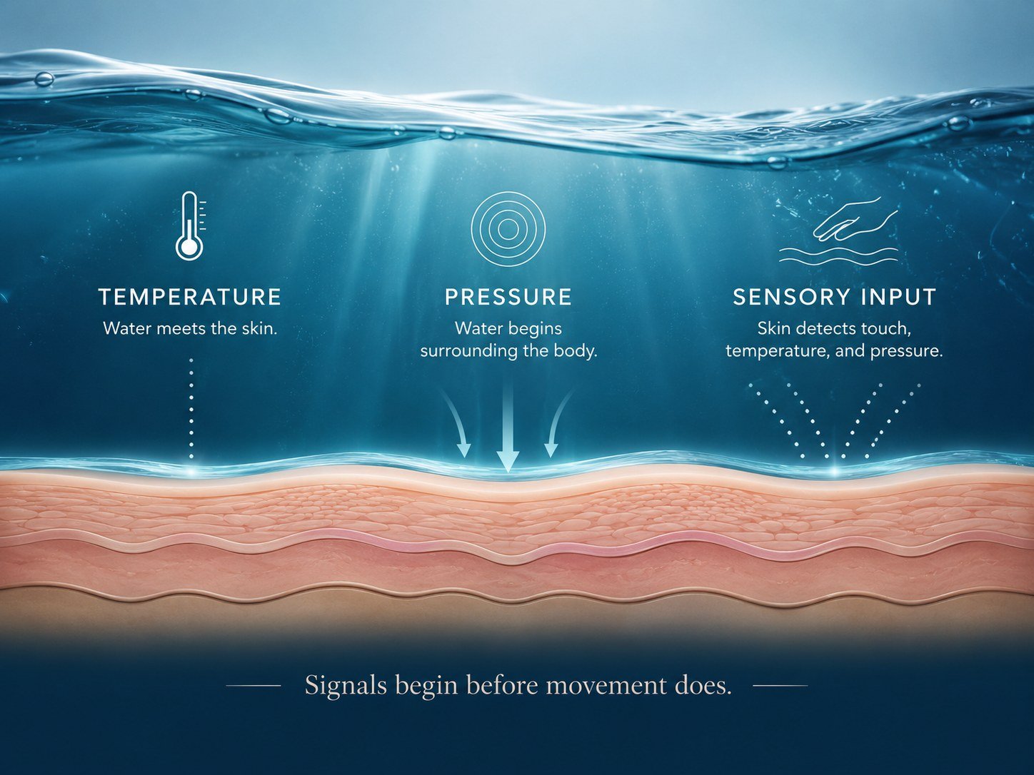 Water meeting skin, shown in cross-section. Three labelled columns: Temperature, water meets the skin; Pressure, water begins surrounding the body; Sensory input, skin detects touch, temperature and pressure. Beneath, the caption reads: signals begin before movement does.