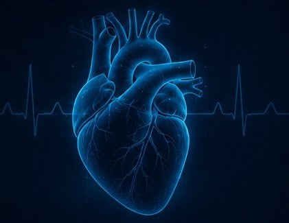 Dark blue anatomical heart and ECG illustration representing heart and longevity