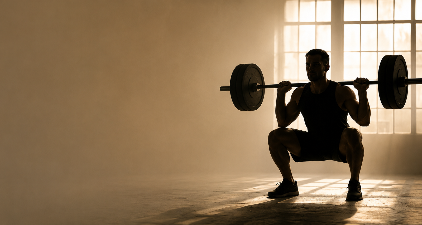 Athlete performing a barbell back squat, silhouetted against gym windows