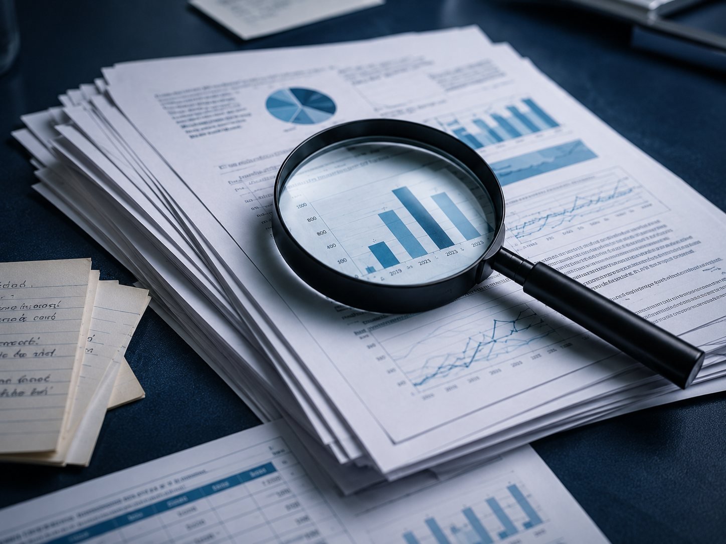 A magnifying glass resting on printed research papers and charts.